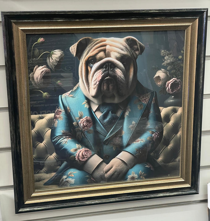 2 Tone Black & Gold step frame Bulldog floral blue suit picture