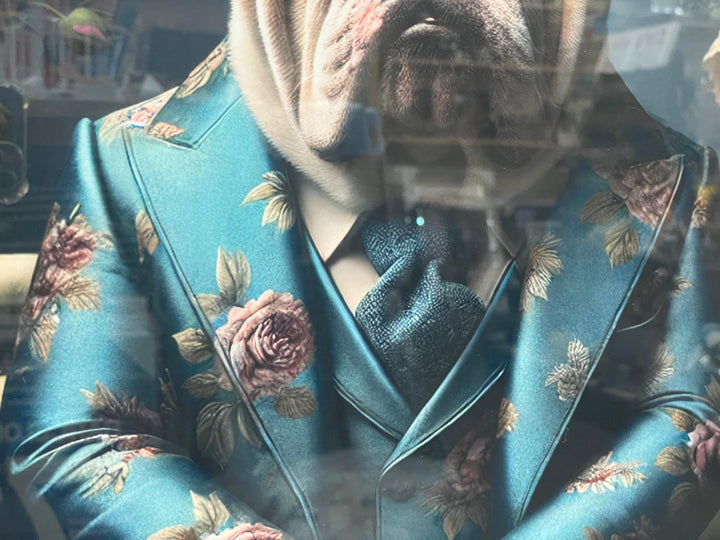2 Tone Black & Gold step frame Bulldog floral blue suit picture