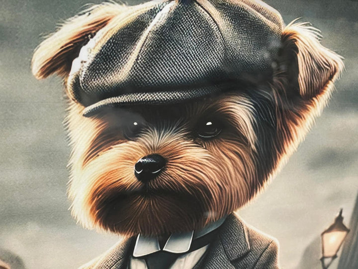 Black framed Yorkshire Terrier dog in a suit & hat picture