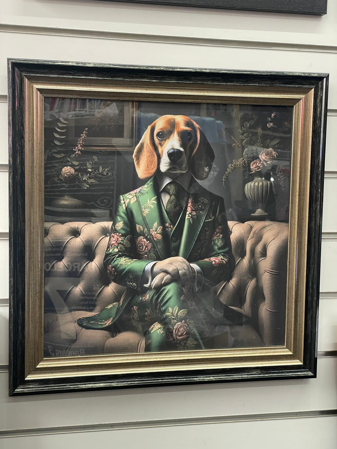 Black & gold step framed Beagle dog in green floral suit picture