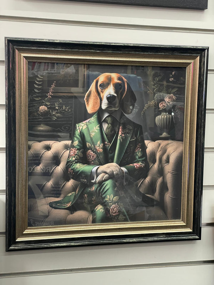 Black & gold step framed Beagle dog in green floral suit picture