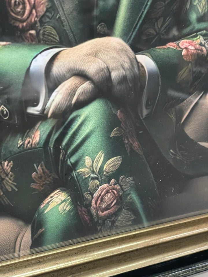 Black & gold step framed Beagle dog in green floral suit picture