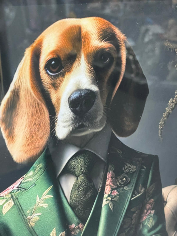 Black & gold step framed Beagle dog in green floral suit picture