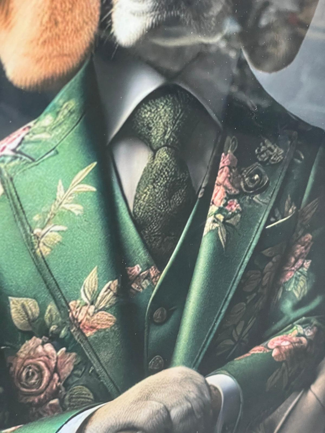 Black & gold step framed Beagle dog in green floral suit picture