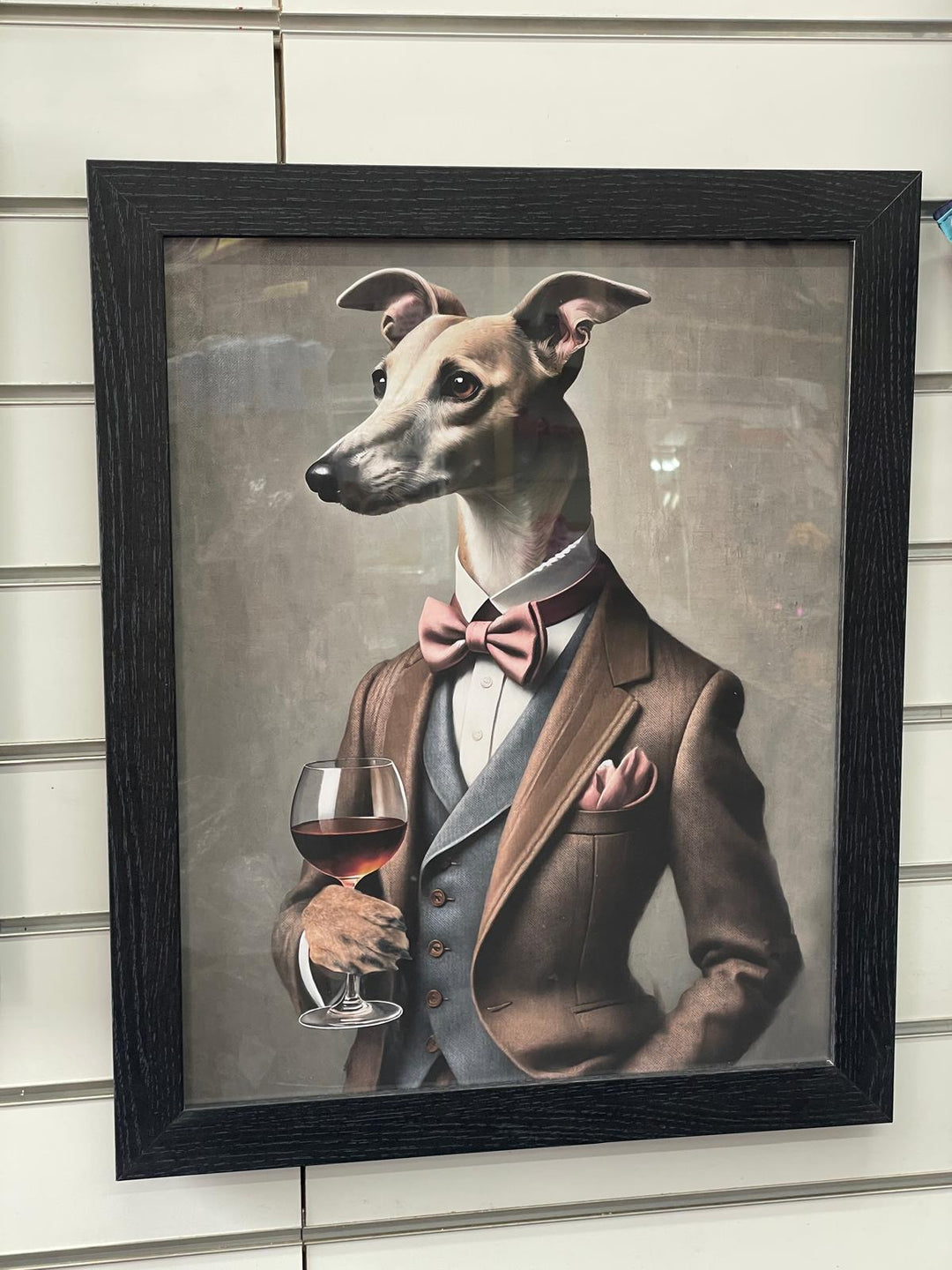 Black framed Whippet dog in a brown suit Glass of wine picture