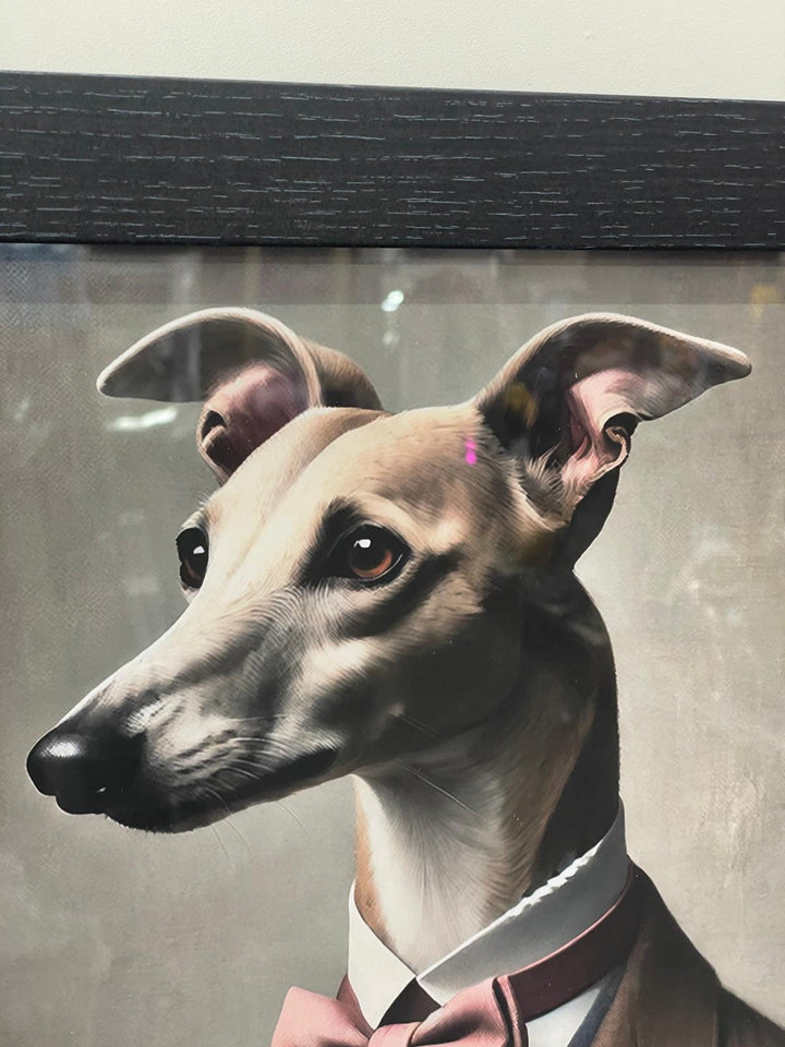 Black framed Whippet dog in a brown suit Glass of wine picture