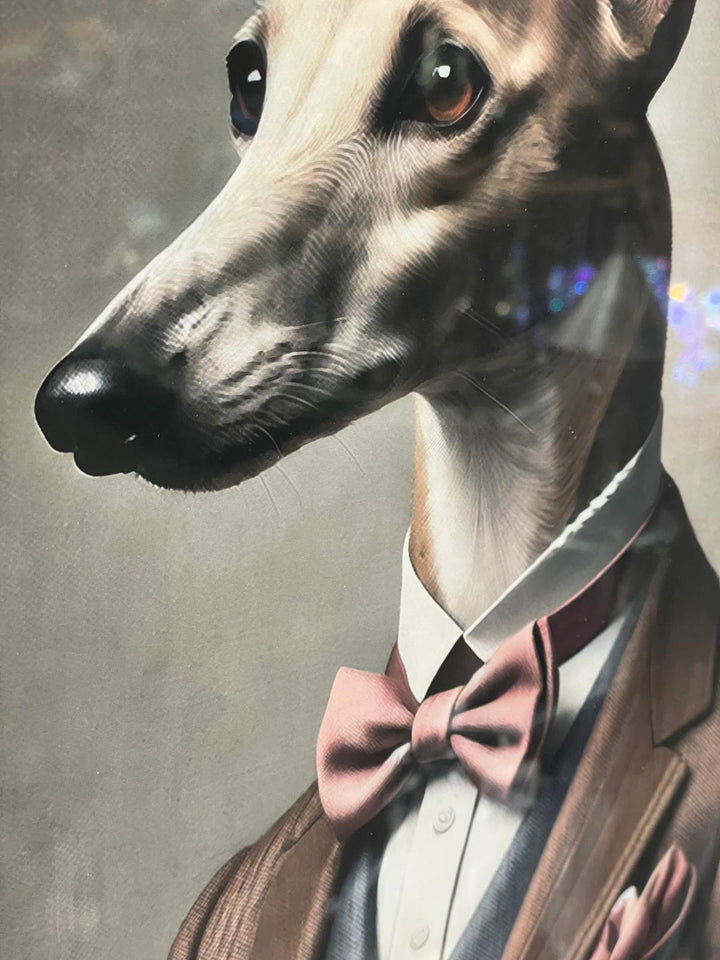Black framed Whippet dog in a brown suit Glass of wine picture
