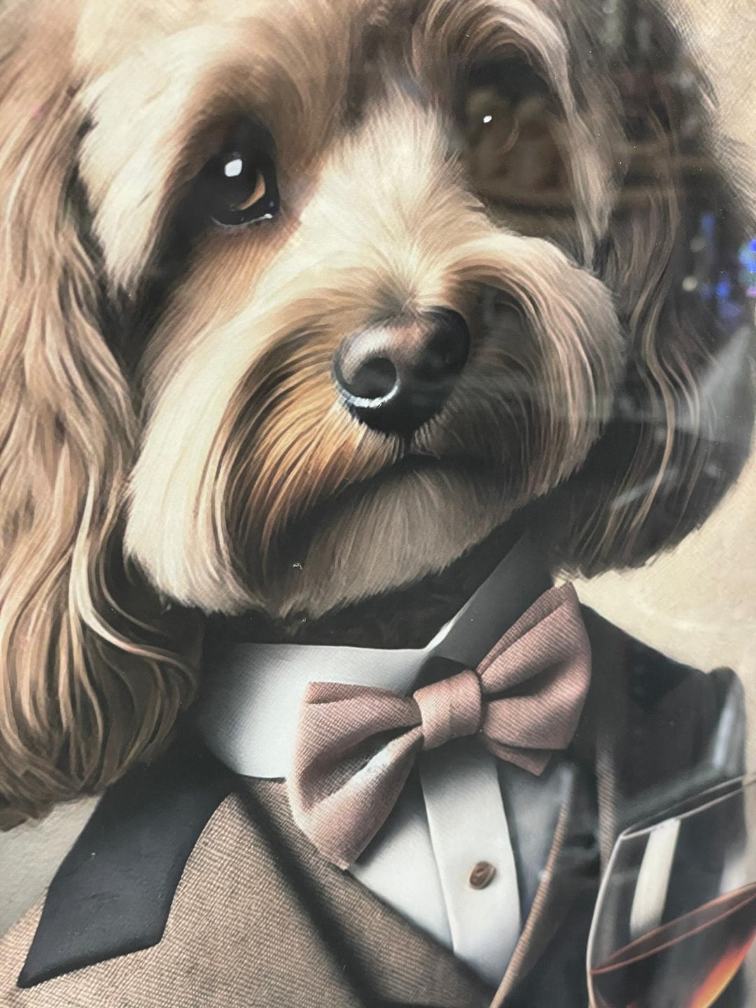 Black framed Cocka Poo dog in a brown suit Glass of wine picture