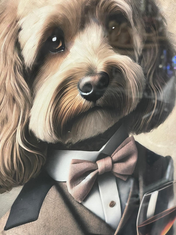 Black framed Cocka Poo dog in a brown suit Glass of wine picture