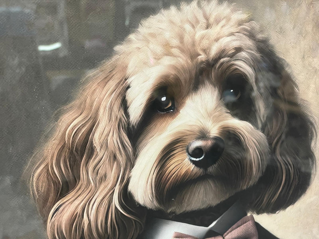 Black framed Cocka Poo dog in a brown suit Glass of wine picture
