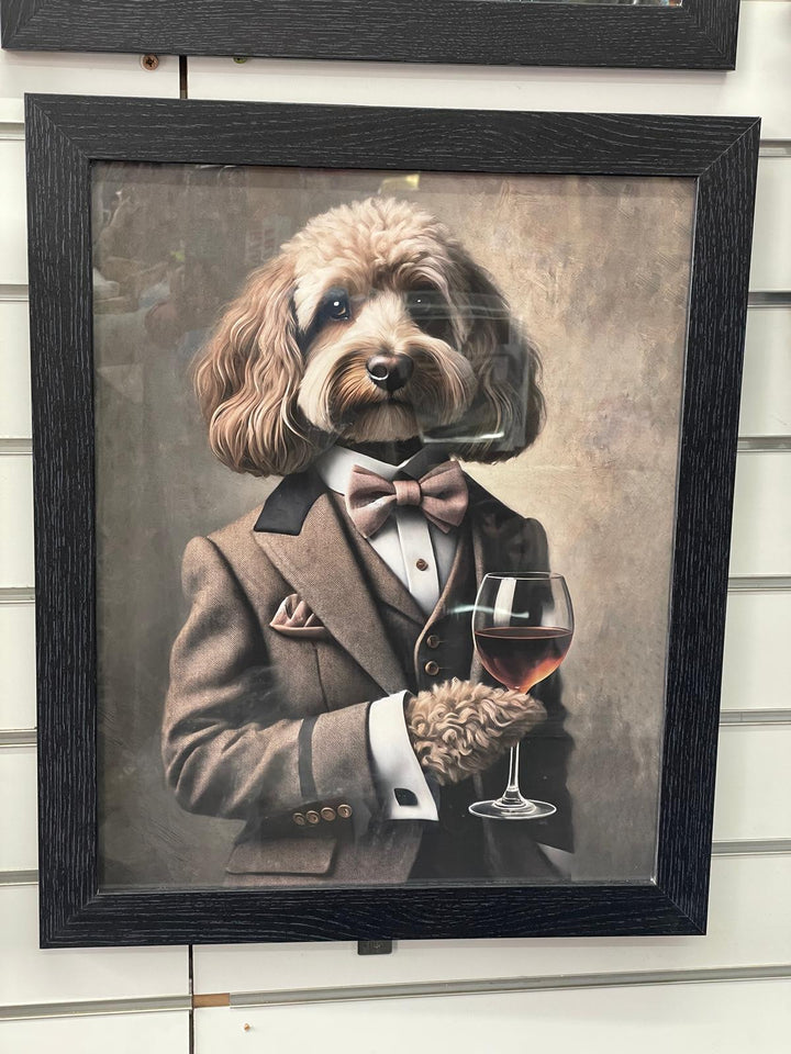 Black framed Englush Bull Terrier dog in a brown suit picture