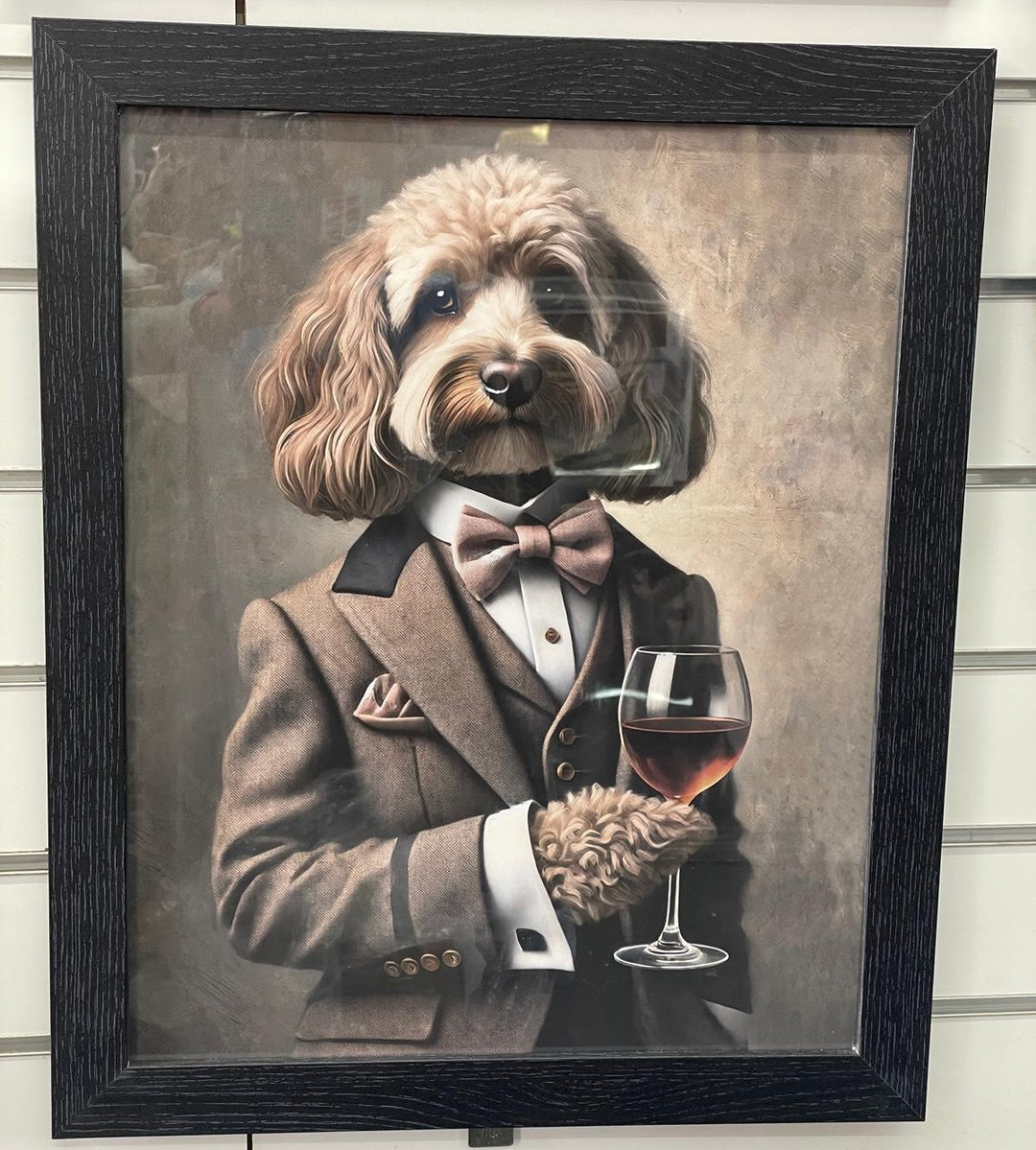 Black framed Whippet dog in a brown suit Glass of wine picture