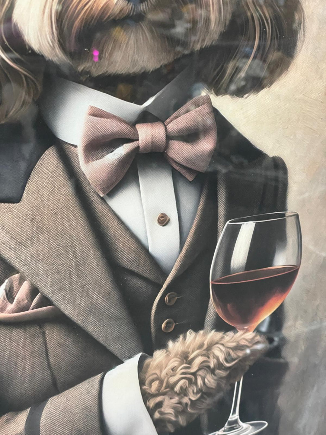 Black framed Cocka Poo dog in a brown suit Glass of wine picture