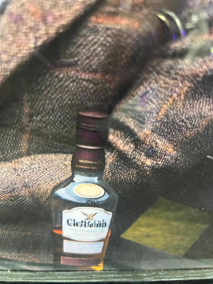 Highland Cow black frame picture Glenfiddich brown bottle & glass bench
