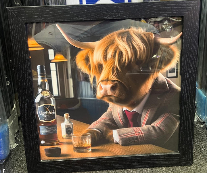 Highland Cow black frame picture, Glenfiddich brown bottle & glass bar