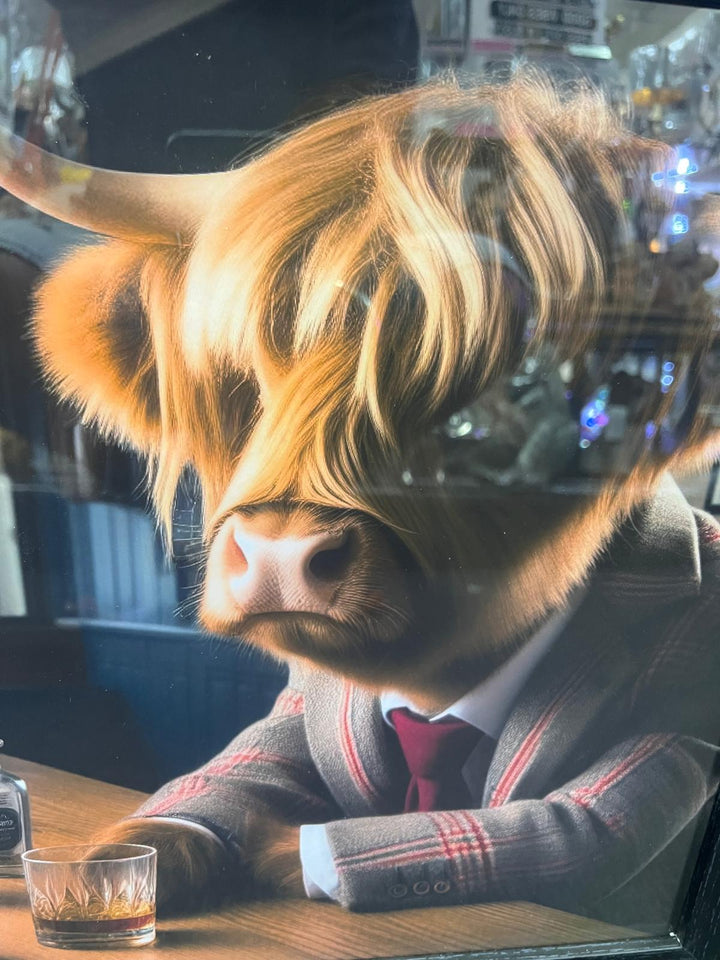 Highland Cow black frame picture, Glenfiddich brown bottle & glass bar