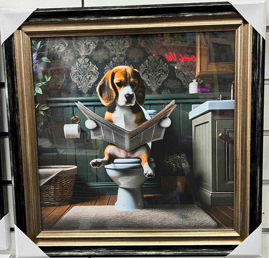 Framed Black & Gold And Silver Beagle dog picture Newspaper on the toilet