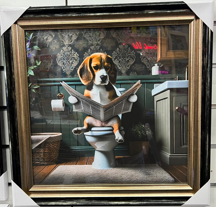 Framed Black & Gold And Silver Beagle dog picture Newspaper on the toilet