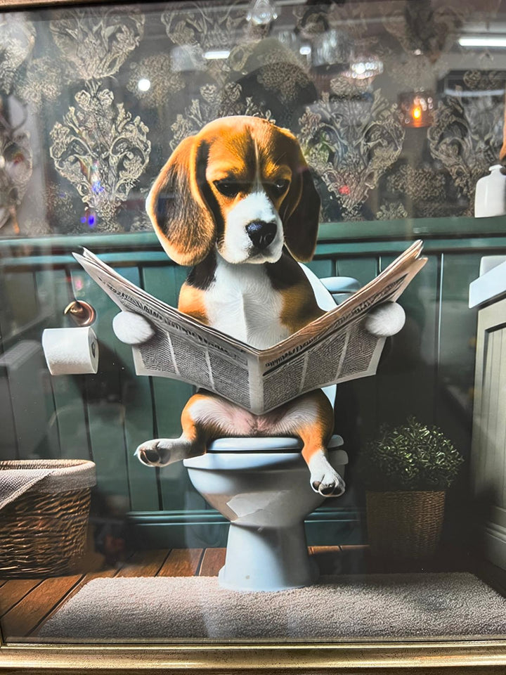 Framed Black & Gold And Silver Beagle dog picture Newspaper on the toilet