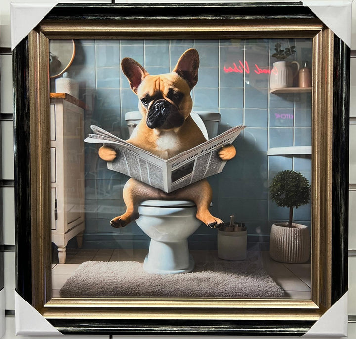 Black & Gold framed Frenchie on the toilet picture