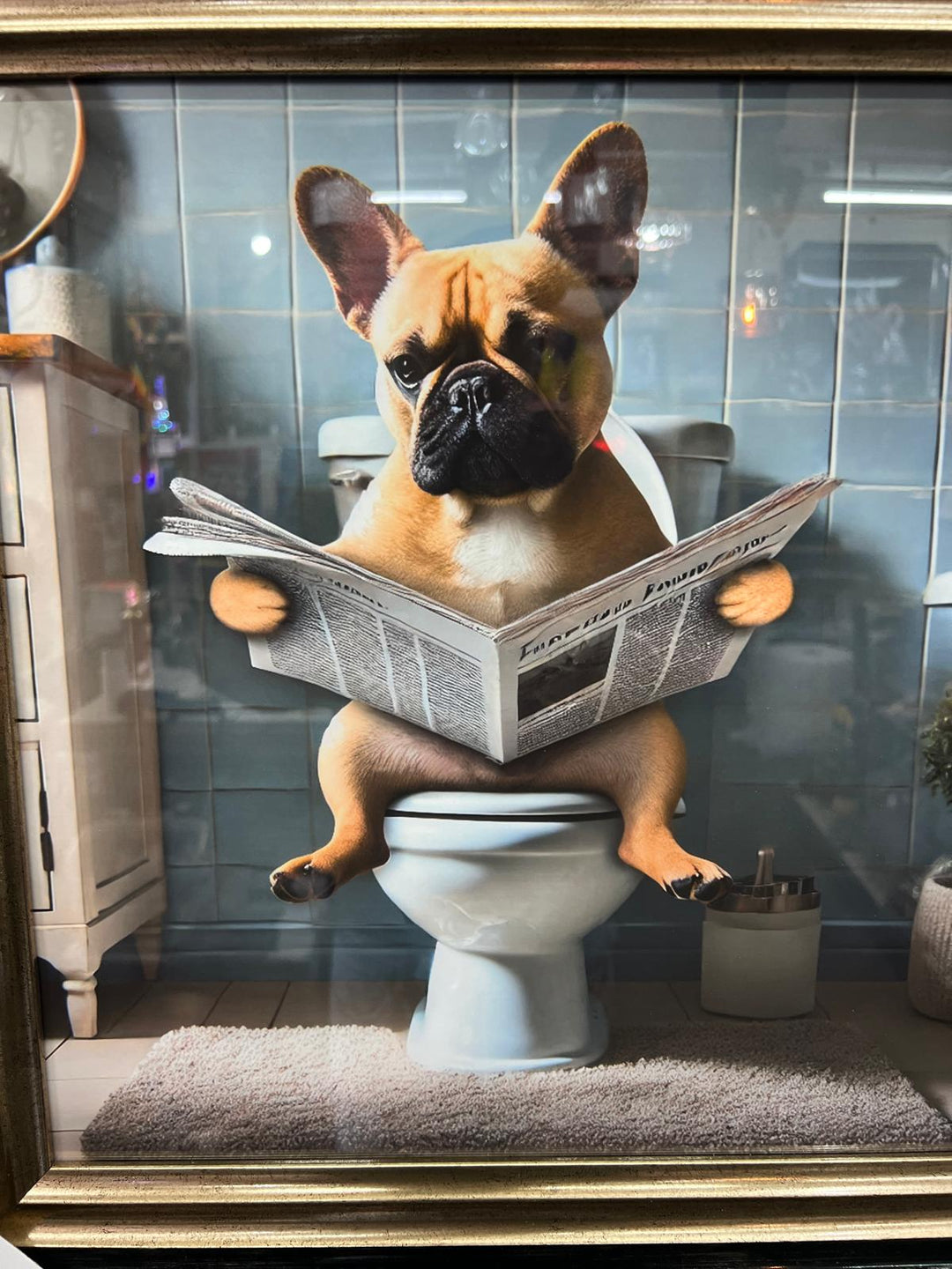 Black & Gold framed Frenchie on the toilet picture