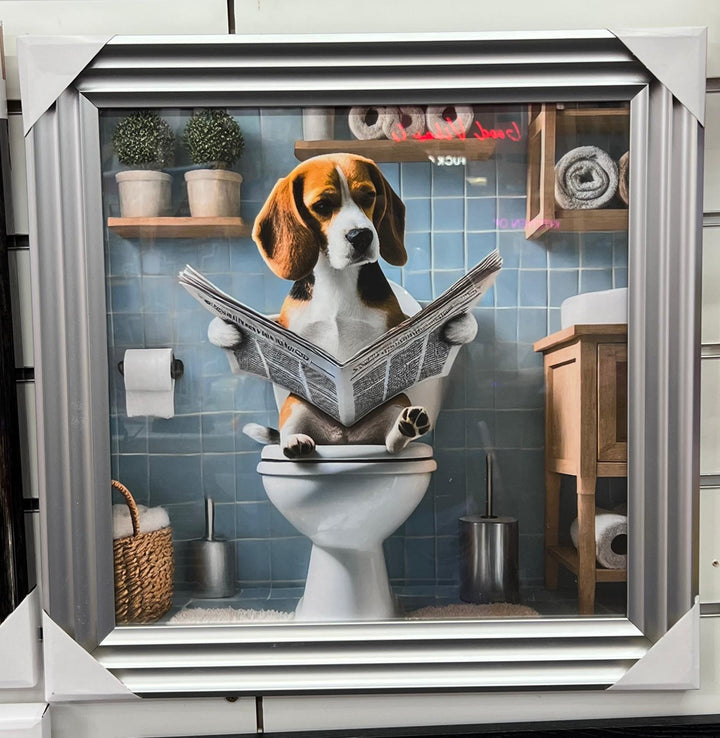 Framed Black & Gold And Silver Beagle dog picture Newspaper on the toilet
