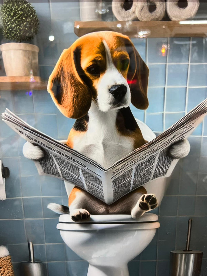 Framed Black & Gold And Silver Beagle dog picture Newspaper on the toilet