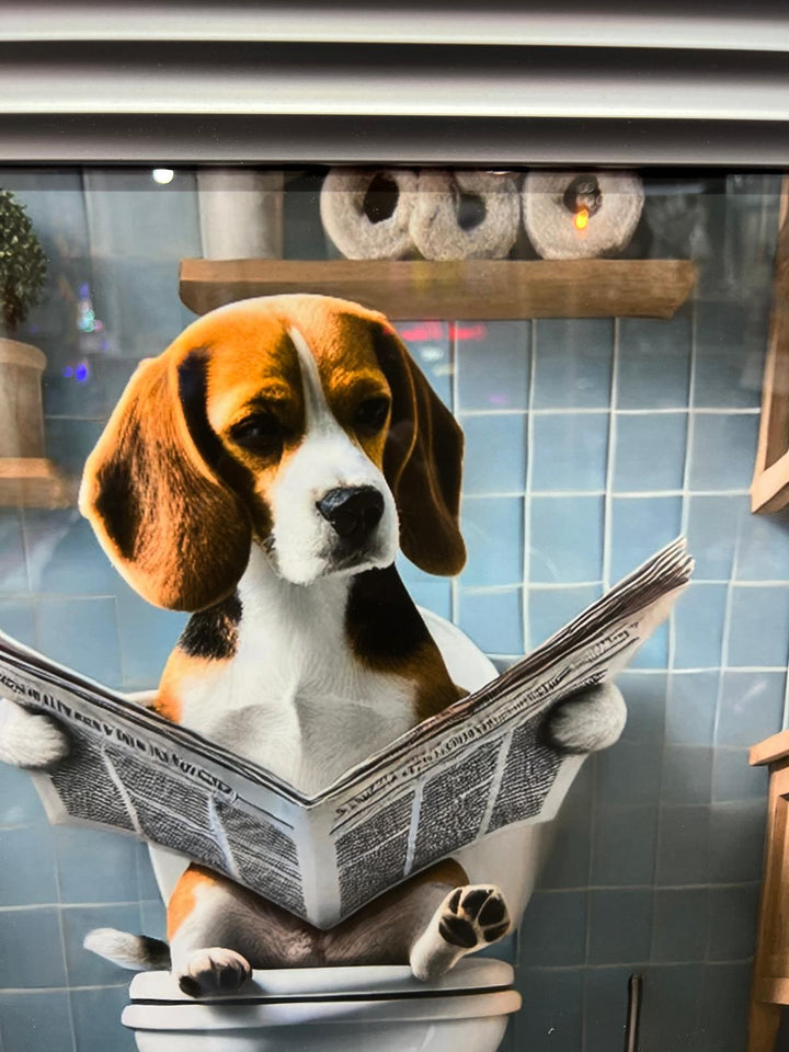 Framed Black & Gold And Silver Beagle dog picture Newspaper on the toilet