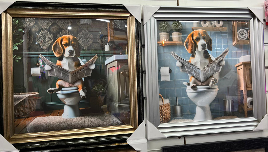 Framed Black & Gold And Silver Beagle dog picture Newspaper on the toilet