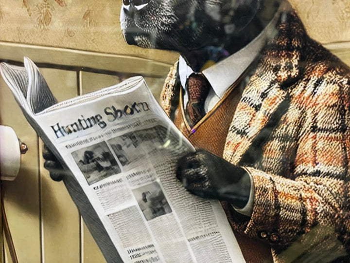 Black Gold step framed Staffy dog checked suit on toilet newspaper picture