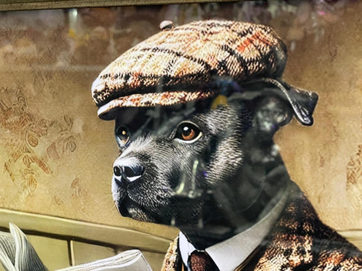 Black Gold step framed Staffy dog checked suit on toilet newspaper picture