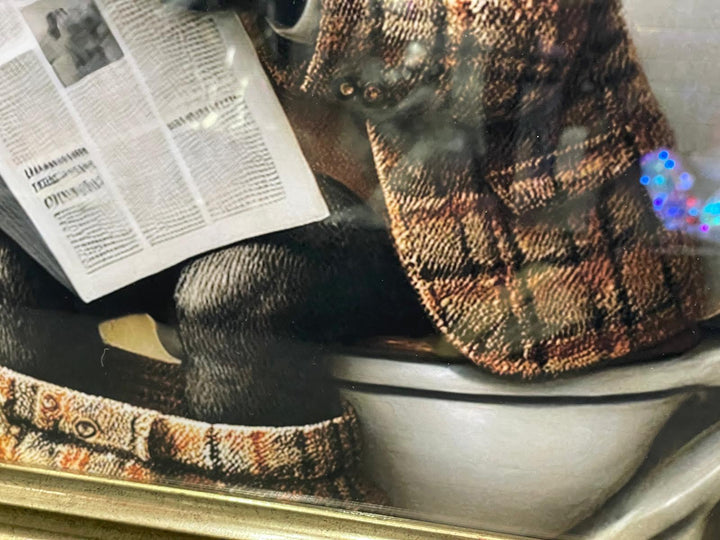 Black Gold step framed Staffy dog checked suit on toilet newspaper picture