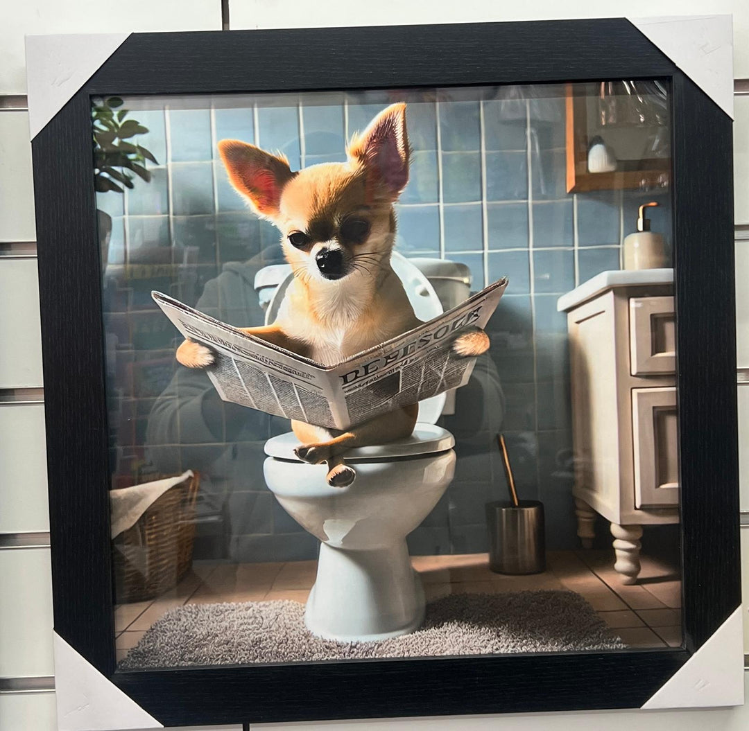 Black & gold framed Chihuahua on toilet newspaper quirky picture