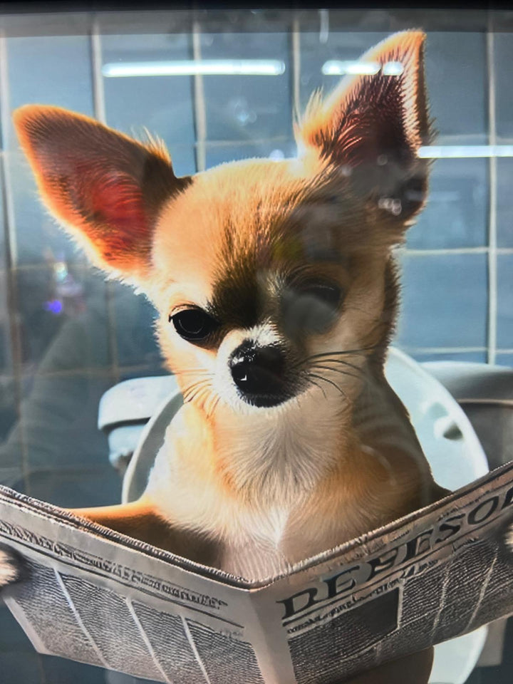 Black & gold framed Chihuahua on toilet newspaper quirky picture
