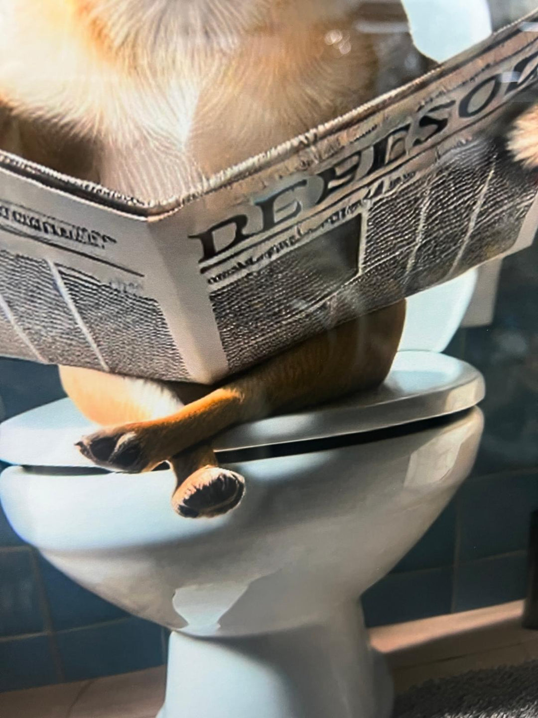 Black & gold framed Chihuahua on toilet newspaper quirky picture
