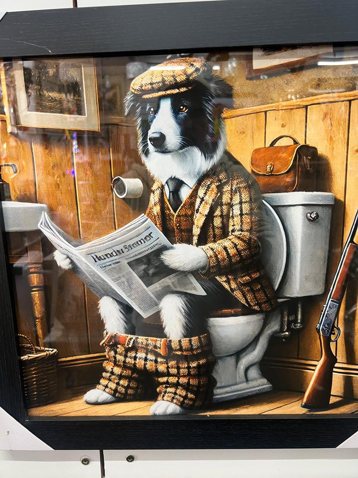 Black framed Collie Dog on toilet newspaper picture