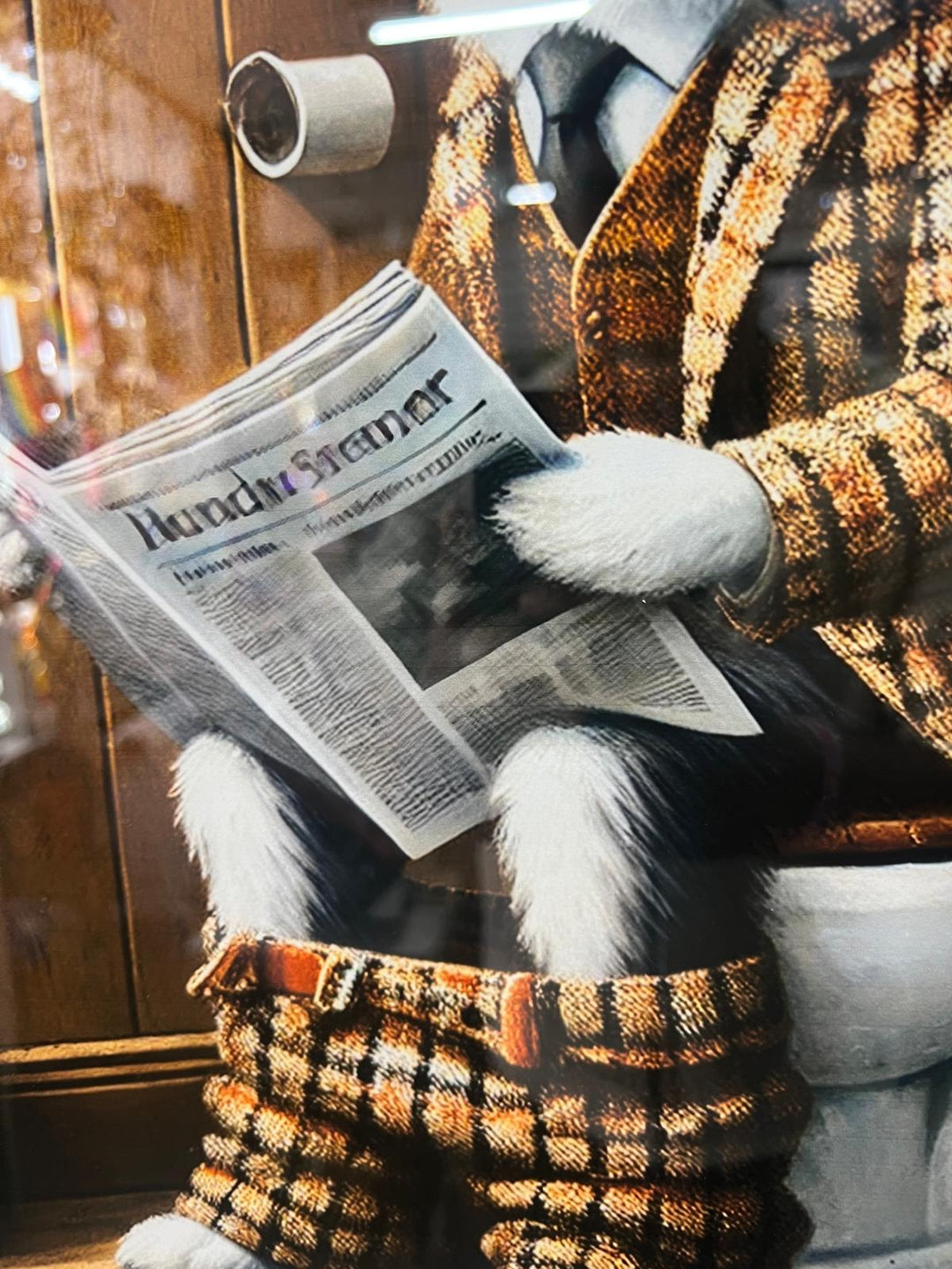 Black framed Collie Dog on toilet newspaper picture