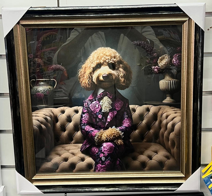 Black Gold framed Cockapoo in a floral suit picture quirky wall art home decor