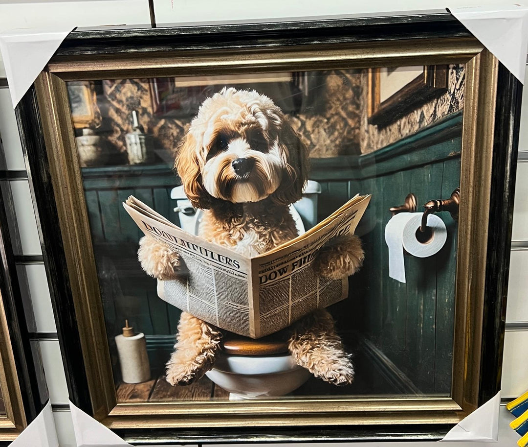 Black and Black & gold step frame Cocka Poo dog on toilet seat newspaper picture