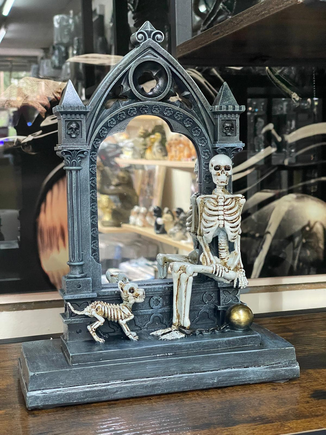 Skeleton in shackels, mirror & dog quirky ornament resin