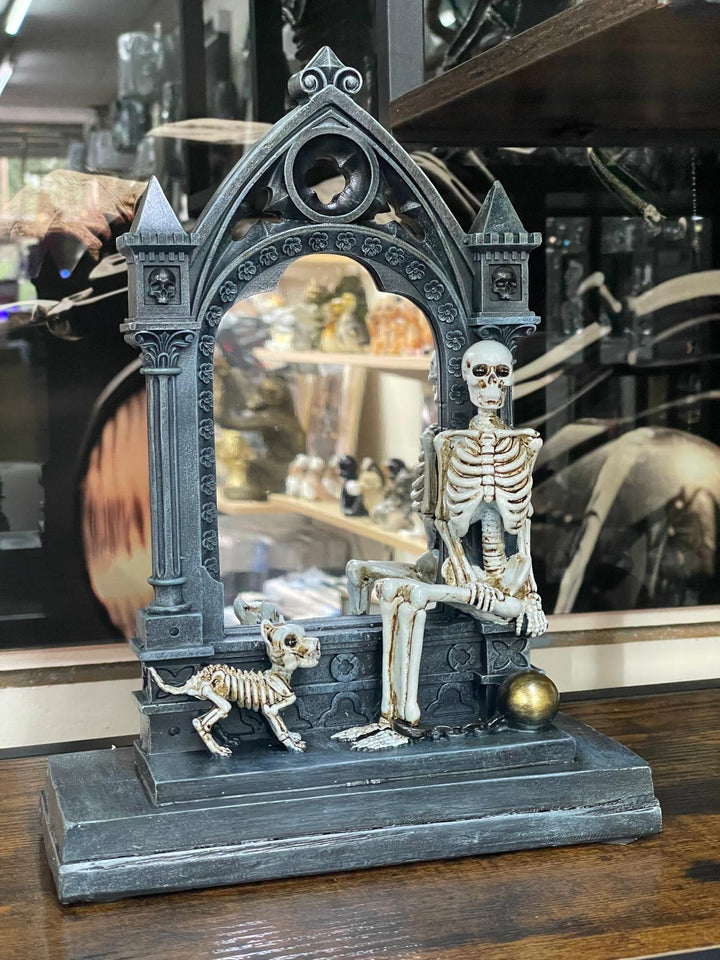 Skeleton in shackels, mirror & dog quirky ornament resin