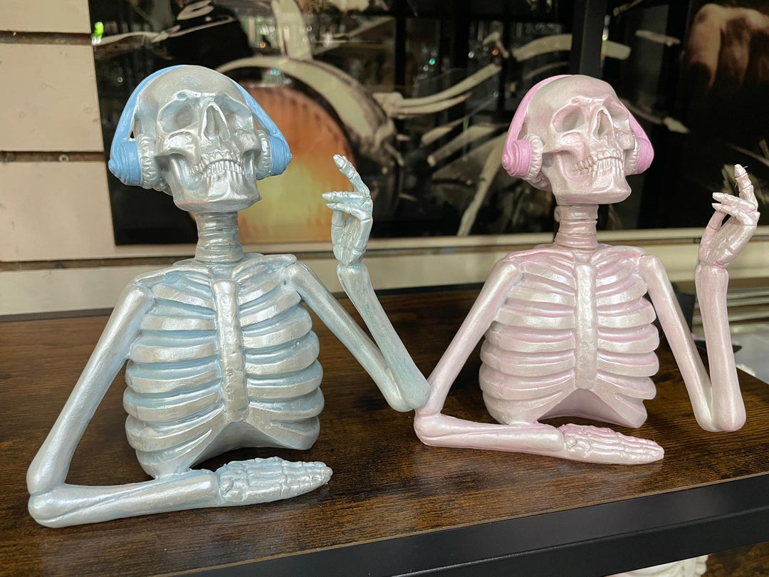 Skeleton with pink or blue headphones quirky ornament