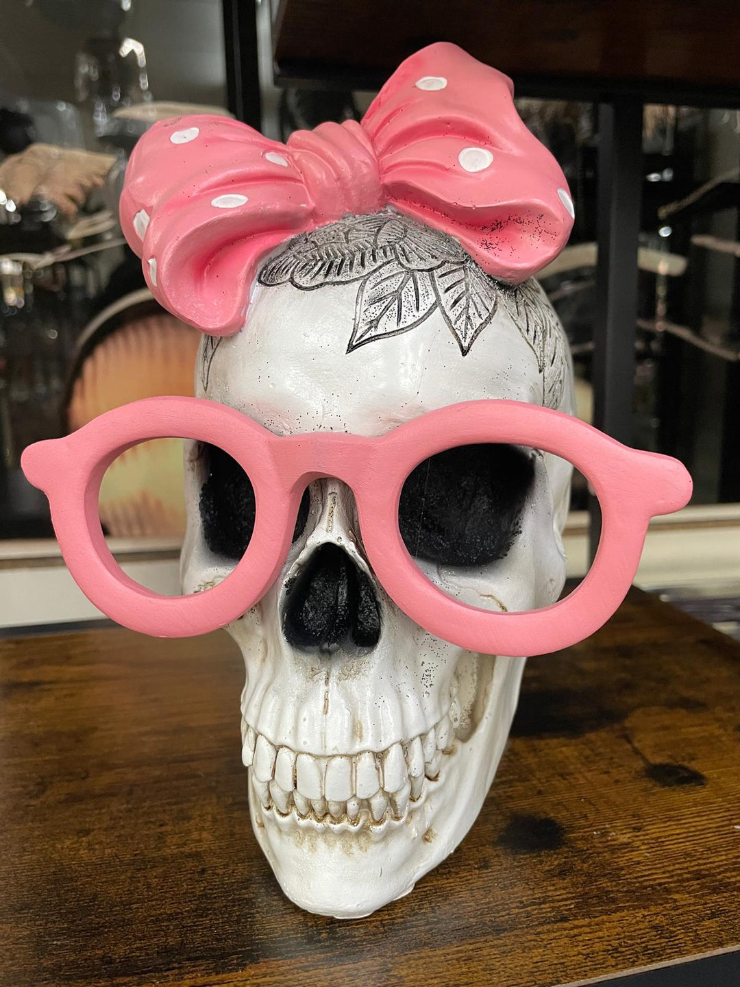 Skeleton with pink bow & blue headphones quirky ornament resin decorative decor