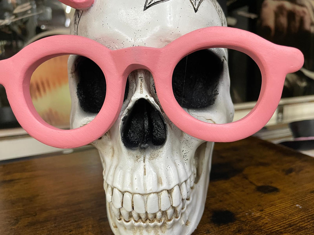 Skeleton with pink bow & blue headphones quirky ornament resin decorative decor