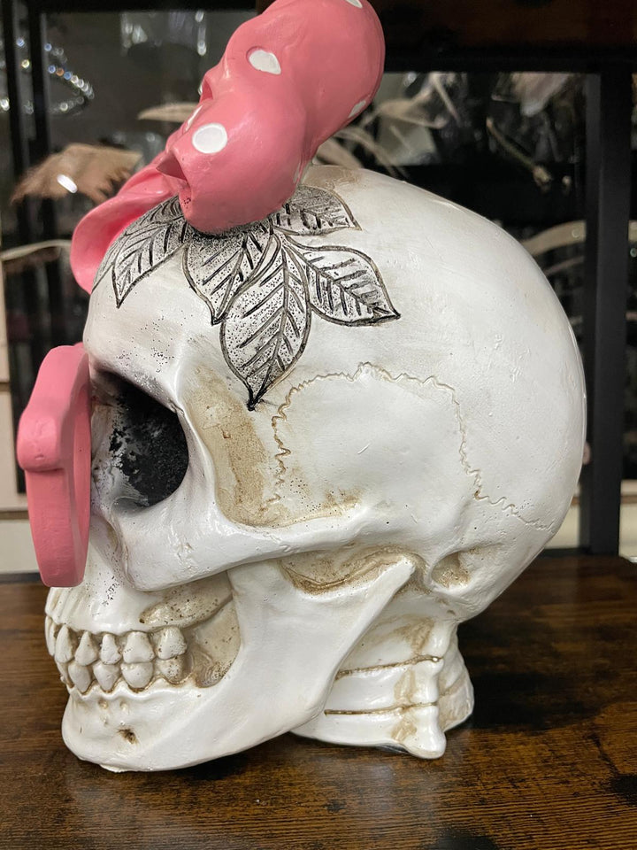 Skeleton with pink bow & blue headphones quirky ornament resin decorative decor