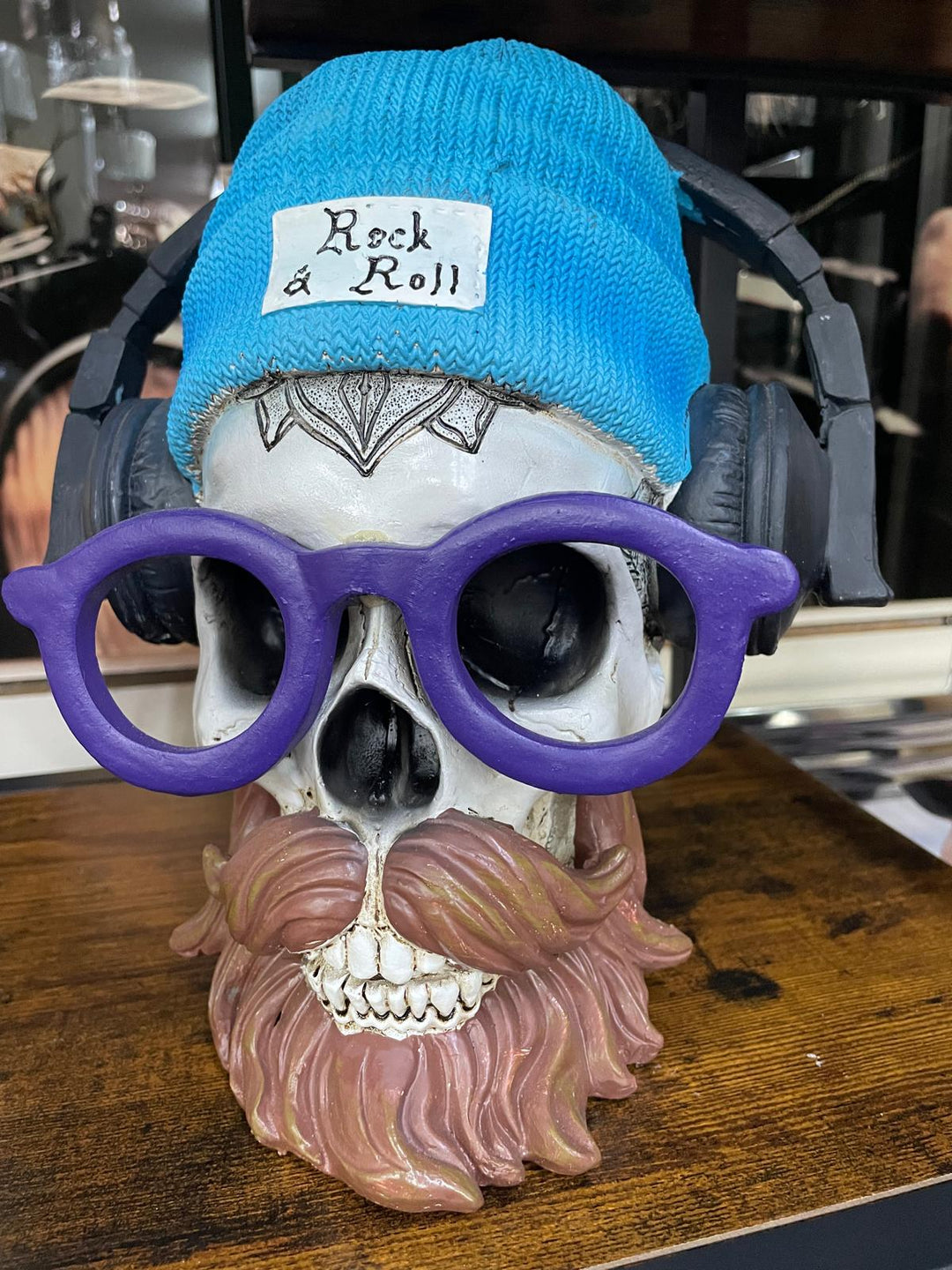 Skeleton with pink bow & blue headphones quirky ornament resin decorative decor