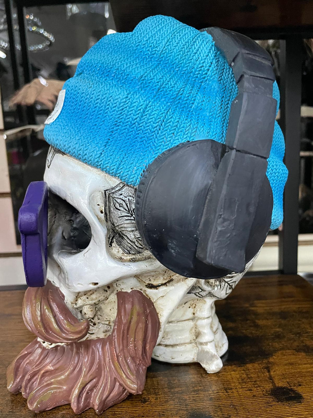 Skeleton with pink bow & blue headphones quirky ornament resin decorative decor