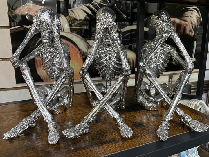 3 Wise Skeletons silver resin decorative quirky ornaments shelf sitting novelty