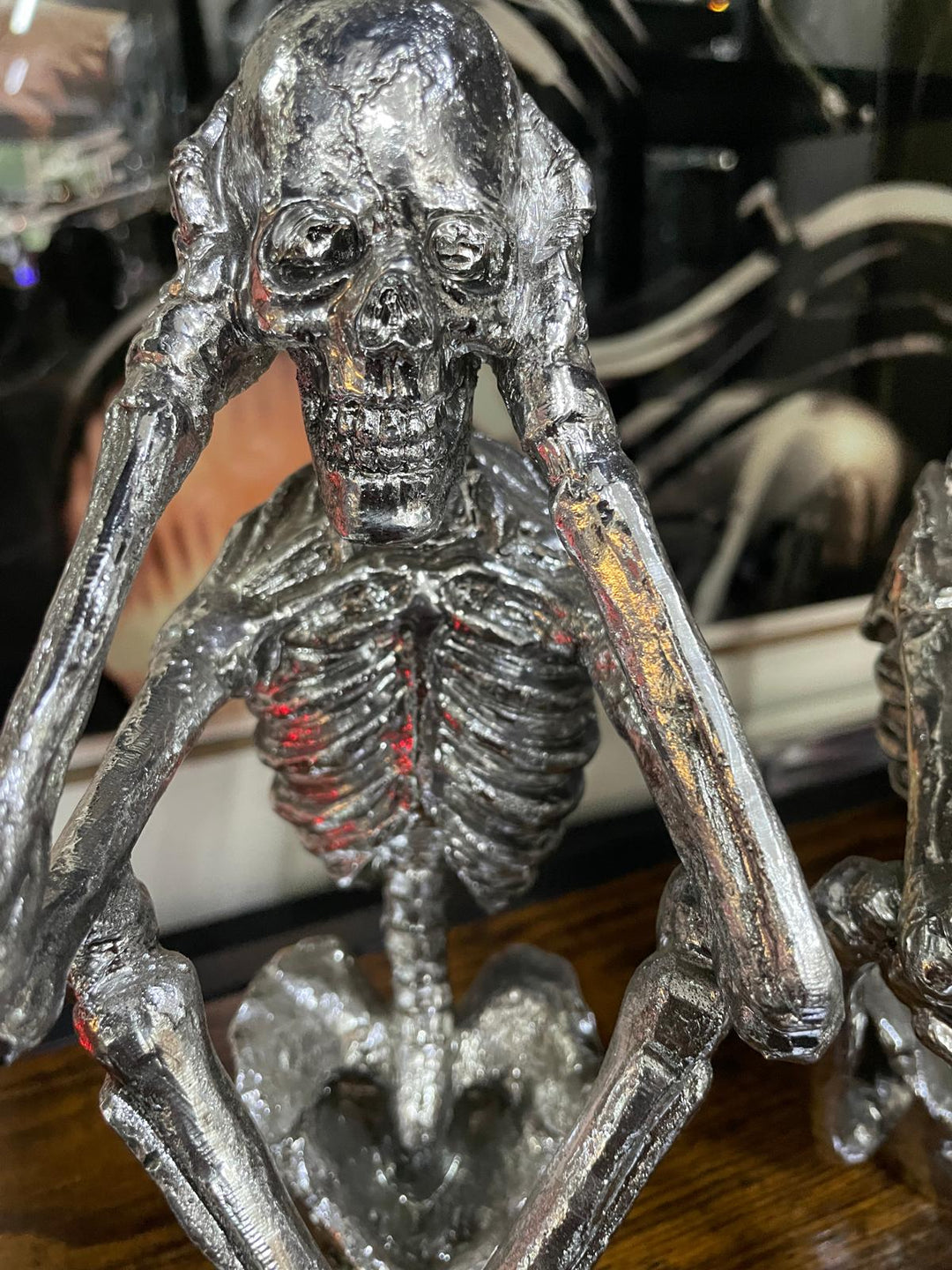3 Wise Skeletons silver resin decorative quirky ornaments shelf sitting novelty