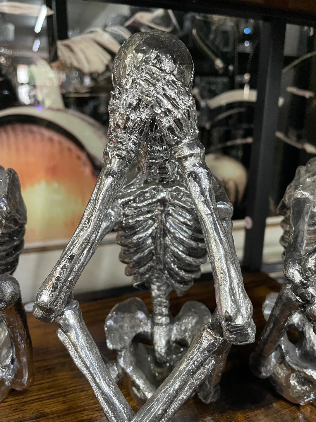 3 Wise Skeletons silver resin decorative quirky ornaments shelf sitting novelty